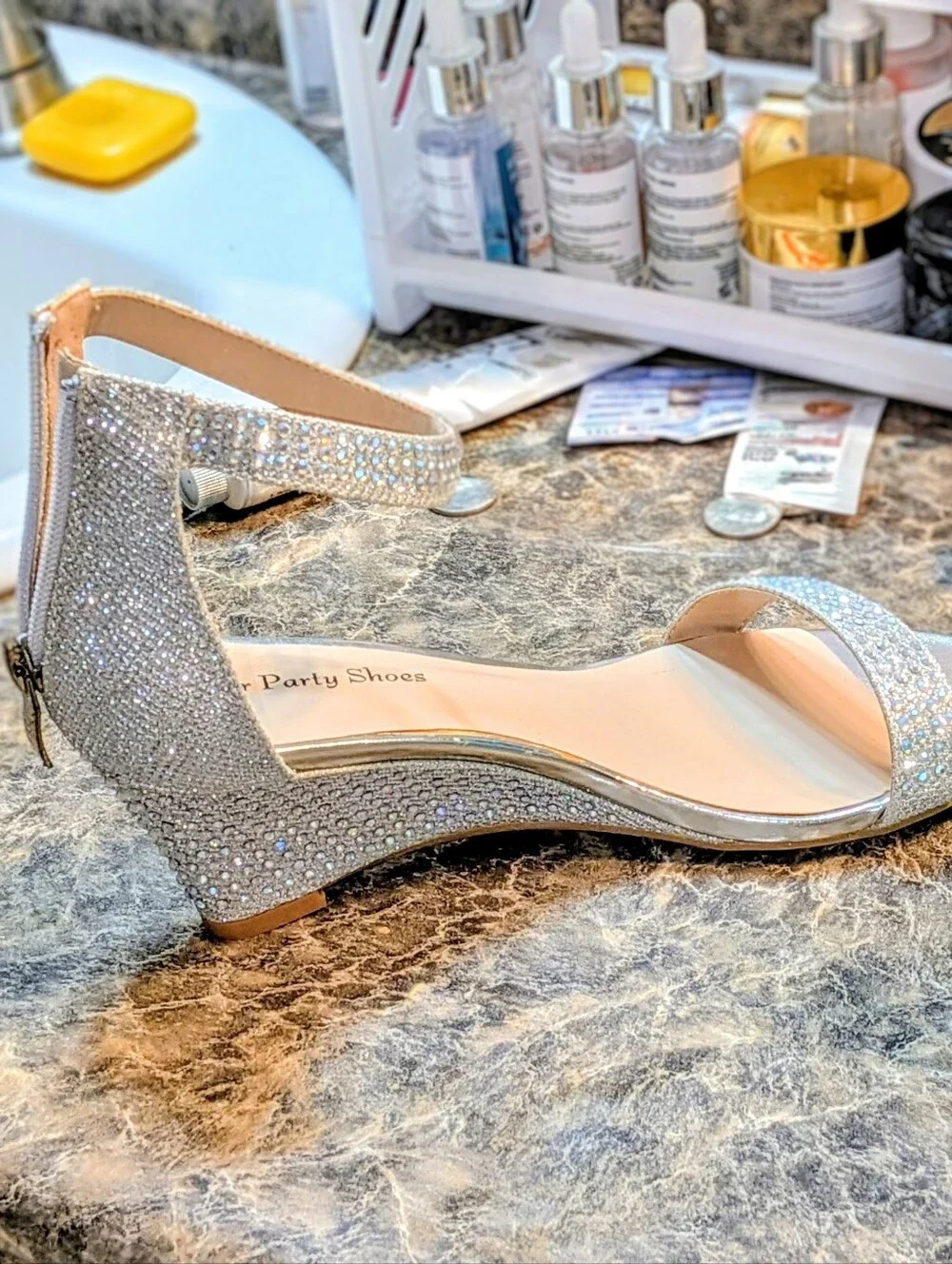 Silver Sparkle Ankle-Strap Wedge Sandals
